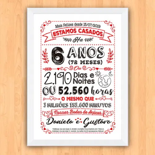 Quadro Poster Chalkboard Bodas 6 Anos Açúcar A3 30x42cm