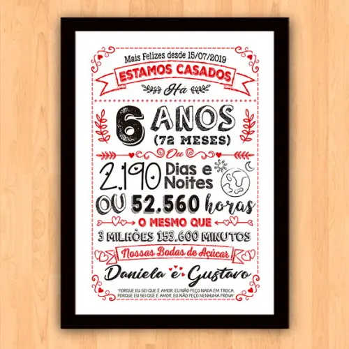 Quadro Poster Chalkboard Bodas 6 Anos Açúcar A3 30x42cm