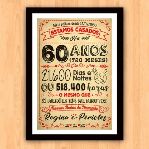 Quadro Poster Chalkboard Bodas 60 Anos Diamante A3 30x42cm