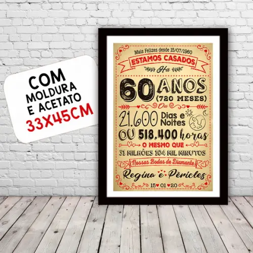 Quadro Poster Chalkboard Bodas 60 Anos Diamante A3 30x42cm