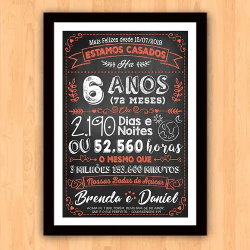 Quadro Poster Chalkboard Bodas 6 Anos Açúcar A3 30x42cm