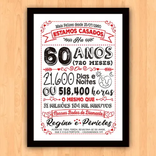 Quadro Poster Chalkboard Bodas 60 Anos Diamante A3 30x42cm