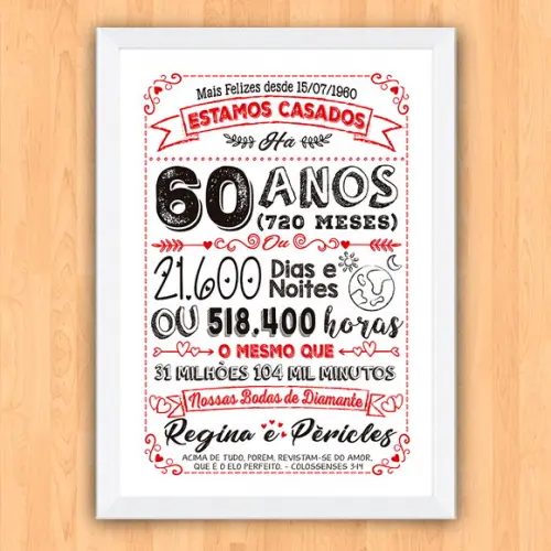 Quadro Poster Chalkboard Bodas 60 Anos Diamante A3 30x42cm