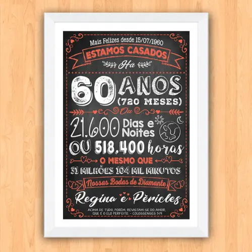 Quadro Poster Chalkboard Bodas 60 Anos Diamante A3 30x42cm