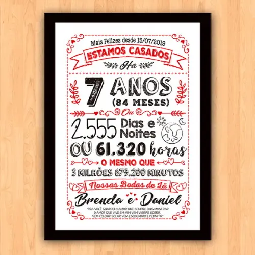 Quadro Poster Chalkboard Bodas 7 Anos Lã A3 30x42cm