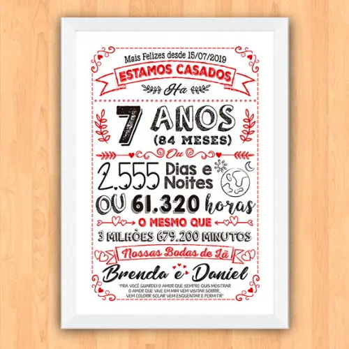 Quadro Poster Chalkboard Bodas 7 Anos Lã A3 30x42cm