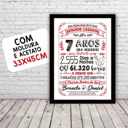 Quadro Poster Chalkboard Bodas 7 Anos Lã A3 30x42cm