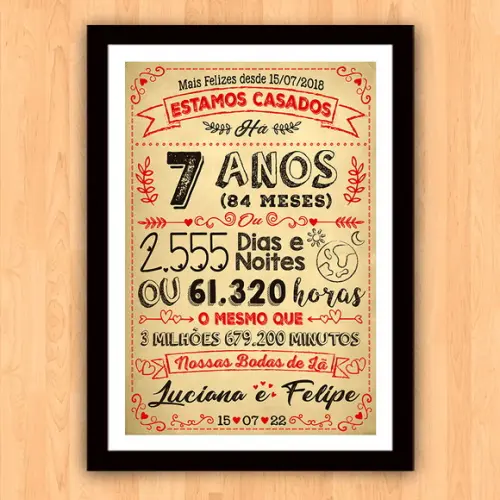 Quadro Poster Chalkboard Bodas 7 Anos Lã A3 30x42cm