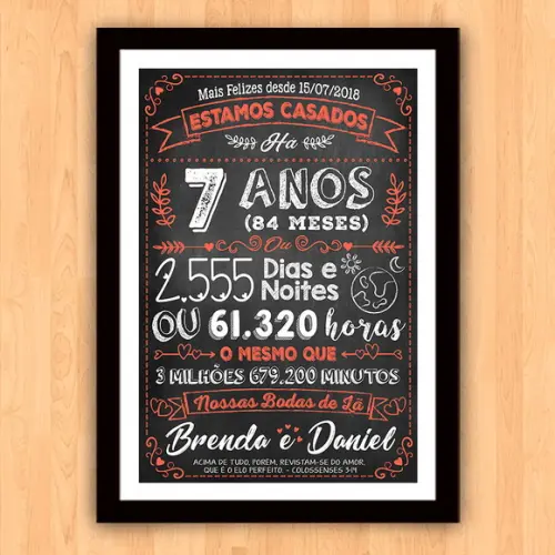 Quadro Poster Chalkboard Bodas 7 Anos Lã A3 30x42cm