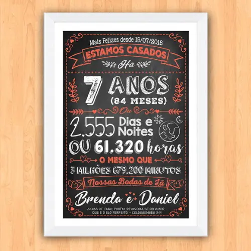 Quadro Poster Chalkboard Bodas 7 Anos Lã A3 30x42cm