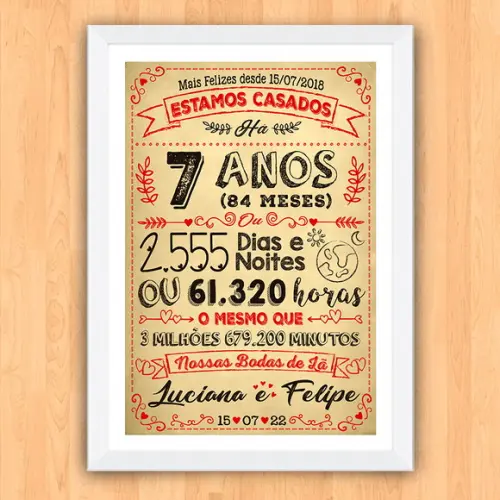 Quadro Poster Chalkboard Bodas 7 Anos Lã A3 30x42cm