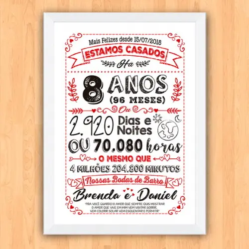 Quadro Poster Chalkboard Bodas 8 Anos Barro A3 30x42cm