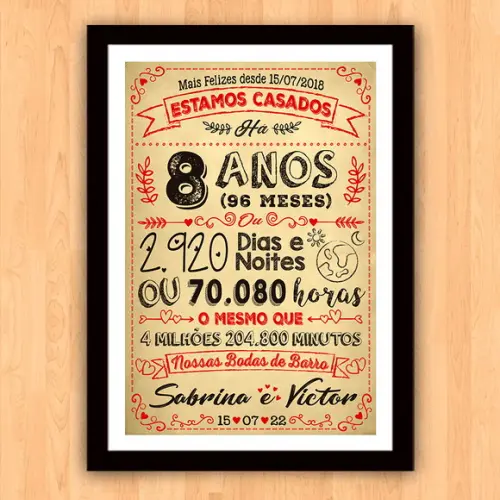 Quadro Poster Chalkboard Bodas 8 Anos Barro A3 30x42cm