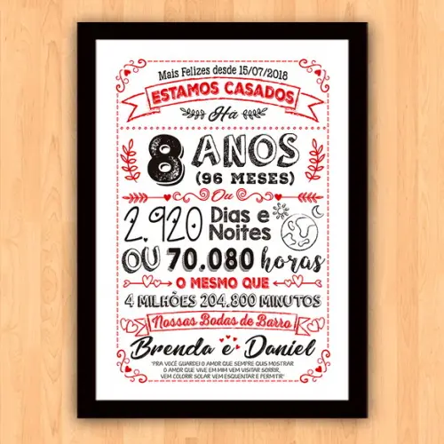 Quadro Poster Chalkboard Bodas 8 Anos Barro A3 30x42cm