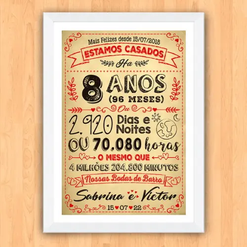 Quadro Poster Chalkboard Bodas 8 Anos Barro A3 30x42cm