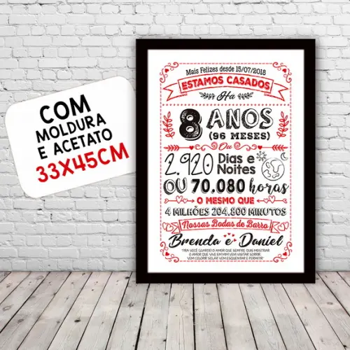 Quadro Poster Chalkboard Bodas 8 Anos Barro A3 30x42cm