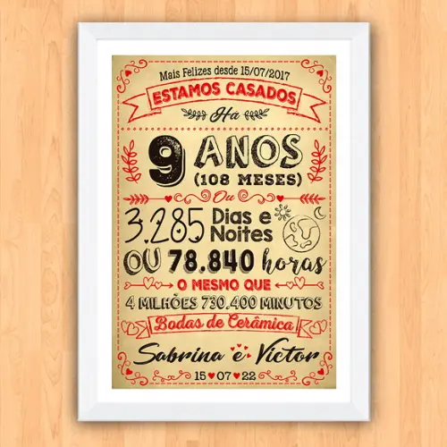 Quadro Poster Chalkboard Bodas 9 Anos Cerâmica A3 30x42cm