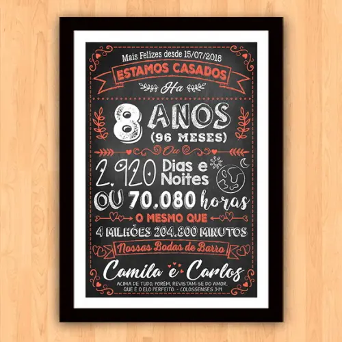 Quadro Poster Chalkboard Bodas 8 Anos Barro A3 30x42cm