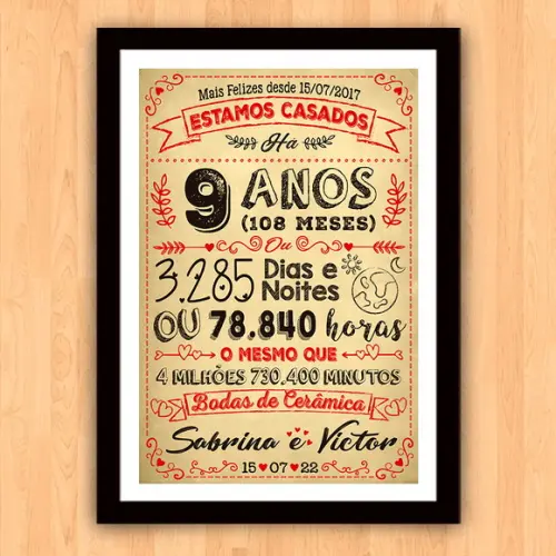 Quadro Poster Chalkboard Bodas 9 Anos Cerâmica A3 30x42cm