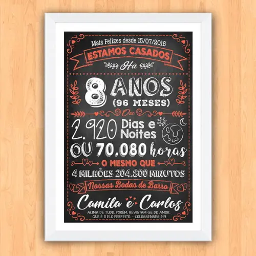 Quadro Poster Chalkboard Bodas 8 Anos Barro A3 30x42cm