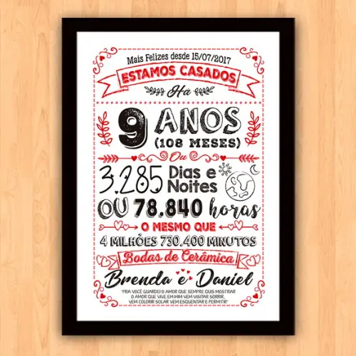 Quadro Poster Chalkboard Bodas 9 Anos Cerâmica A3 30x42cm