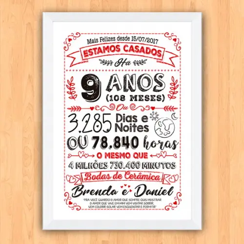 Quadro Poster Chalkboard Bodas 9 Anos Cerâmica A3 30x42cm