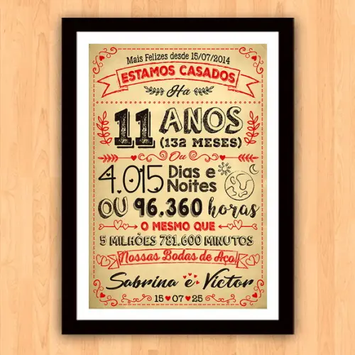 Quadro Poster Chalkboard Bodas Aço 11 Anos A3 30x42cm
