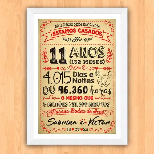 Quadro Poster Chalkboard Bodas Aço 11 Anos A3 30x42cm