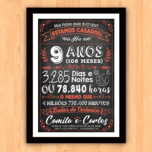 Quadro Poster Chalkboard Bodas 9 Anos Cerâmica A3 30x42cm