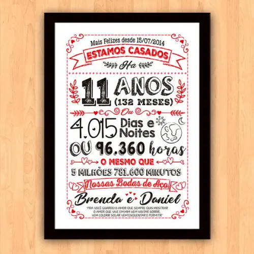 Quadro Poster Chalkboard Bodas Aço 11 Anos A3 30x42cm