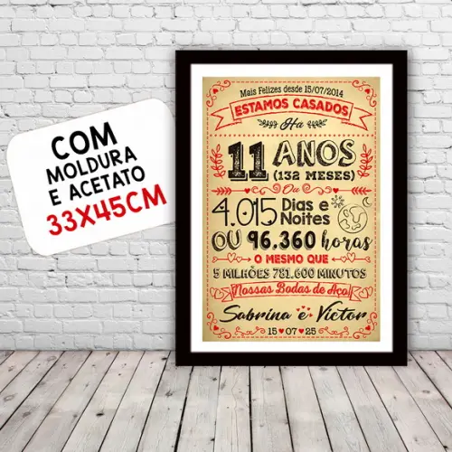Quadro Poster Chalkboard Bodas Aço 11 Anos A3 30x42cm