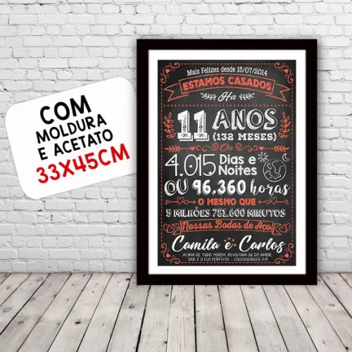 Quadro Poster Chalkboard Bodas Aço 11 Anos A3 30x42cm