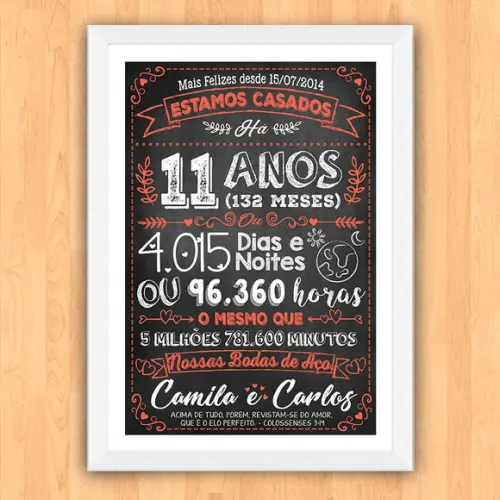 Quadro Poster Chalkboard Bodas Aço 11 Anos A3 30x42cm
