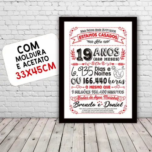 Quadro Poster Chalkboard Bodas Agua Marinha 19 Anos 30x42cm