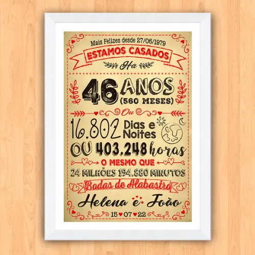 Quadro Poster Chalkboard Bodas Alabastro 46 Anos A3 30x42cm