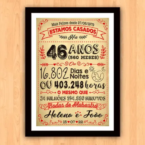 Quadro Poster Chalkboard Bodas Alabastro 46 Anos A3 30x42cm