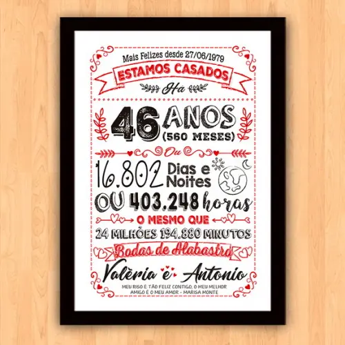 Quadro Poster Chalkboard Bodas Alabastro 46 Anos A3 30x42cm