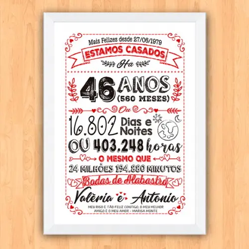 Quadro Poster Chalkboard Bodas Alabastro 46 Anos A3 30x42cm