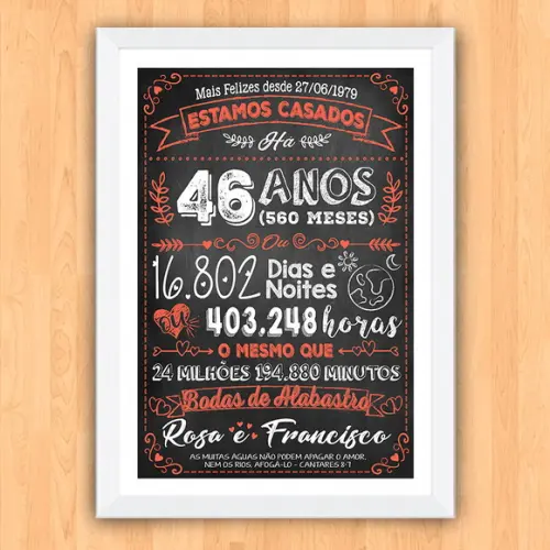 Quadro Poster Chalkboard Bodas Alabastro 46 Anos A3 30x42cm