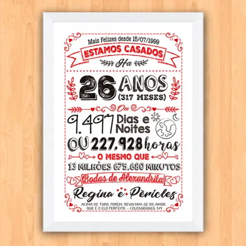 Quadro Poster Chalkboard Bodas Alexandrita 26 Anos 30x42cm