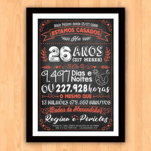 Quadro Poster Chalkboard Bodas Alexandrita 26 Anos 30x42cm