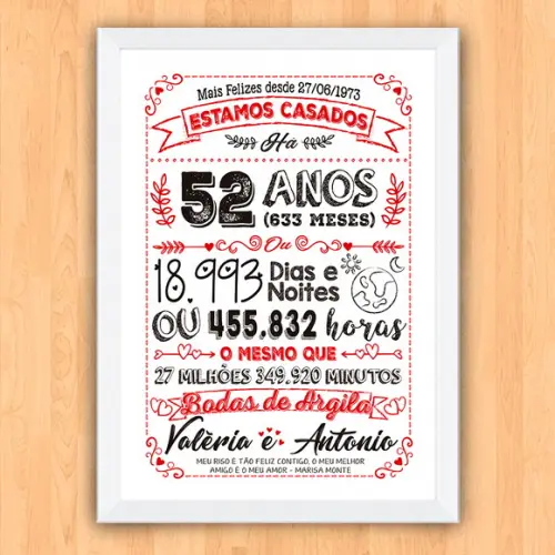 Quadro Poster Chalkboard Bodas Argila 52 Anos 30x42cm