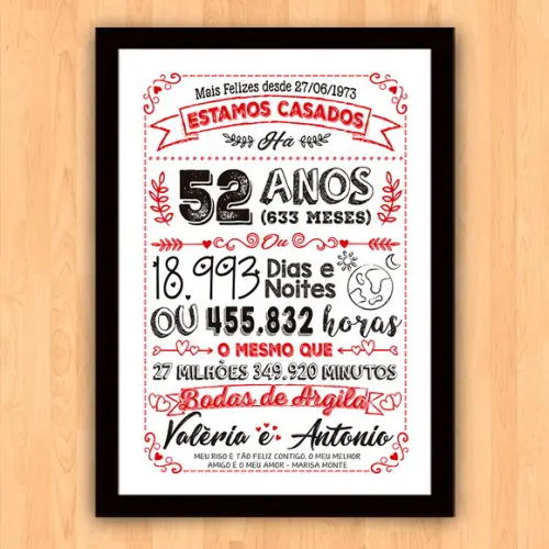 Quadro Poster Chalkboard Bodas Argila 52 Anos 30x42cm