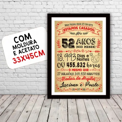 Quadro Poster Chalkboard Bodas Argila 52 Anos 30x42cm