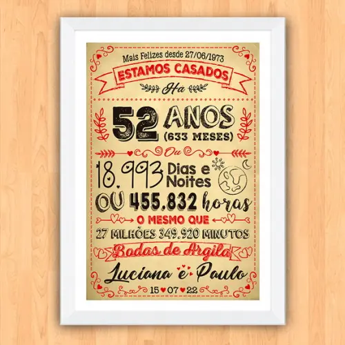 Quadro Poster Chalkboard Bodas Argila 52 Anos 30x42cm