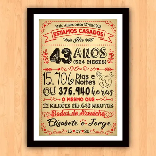 Quadro Poster Chalkboard Bodas Azeviche 43 Anos A3 30x42cm