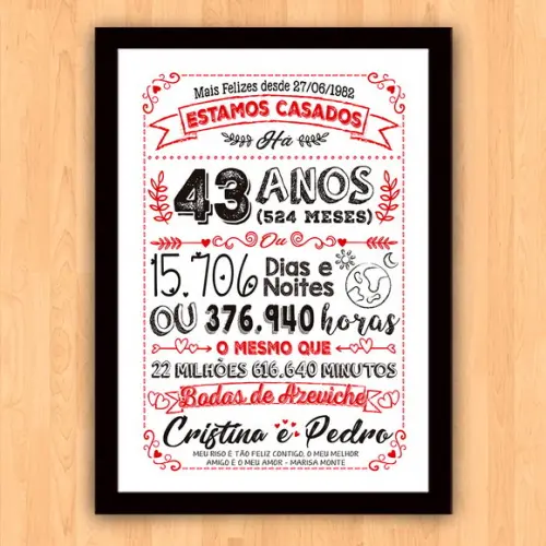 Quadro Poster Chalkboard Bodas Azeviche 43 Anos A3 30x42cm