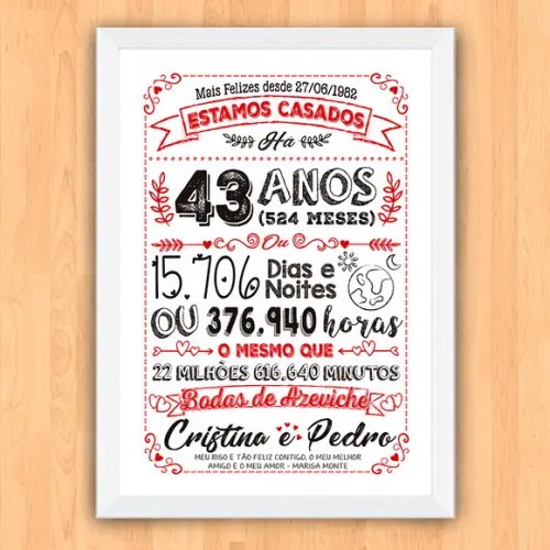 Quadro Poster Chalkboard Bodas Azeviche 43 Anos A3 30x42cm