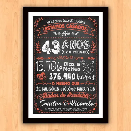 Quadro Poster Chalkboard Bodas Azeviche 43 Anos A3 30x42cm