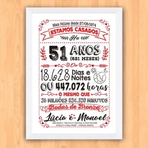 Quadro Poster Chalkboard Bodas Bronze 51 Anos 30x42cm